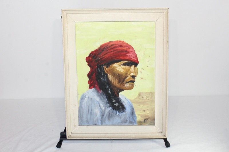 Original Portrait Oil Painting Native American Indian Headscarf Signed AFM Frame