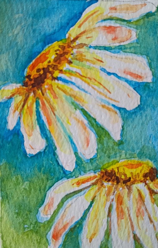 aceo original art Watercolor Painting Of Tiny Daisies