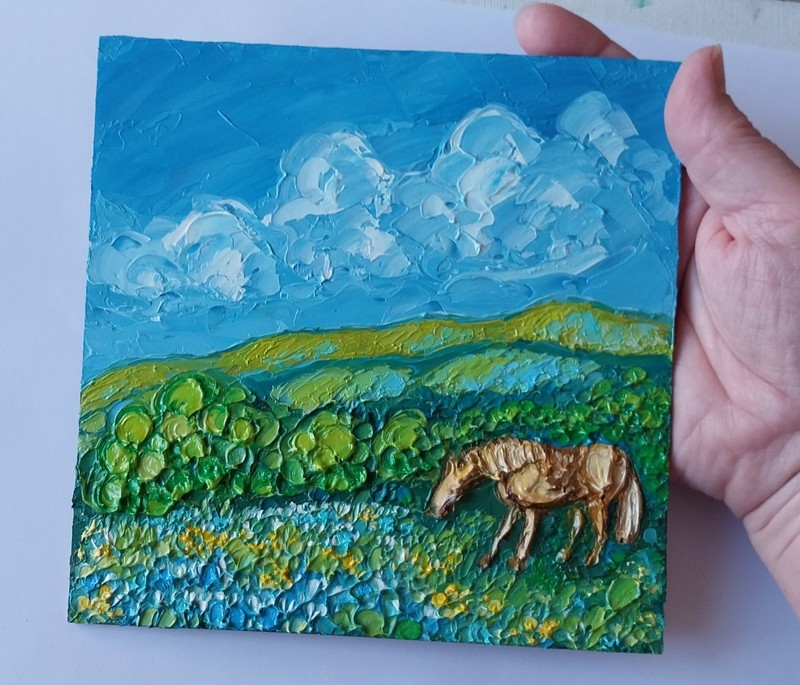 Framed Grazing Horse Texas Flowers Meadow Art 6x6 Impasto Oil Painting Original gallery