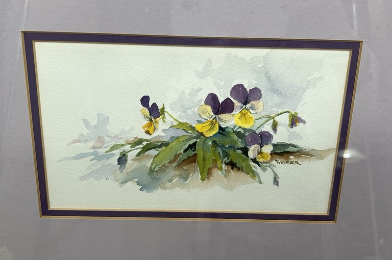 Framed Original Watercolor Painting Violets Artist Signed tHofer gallery