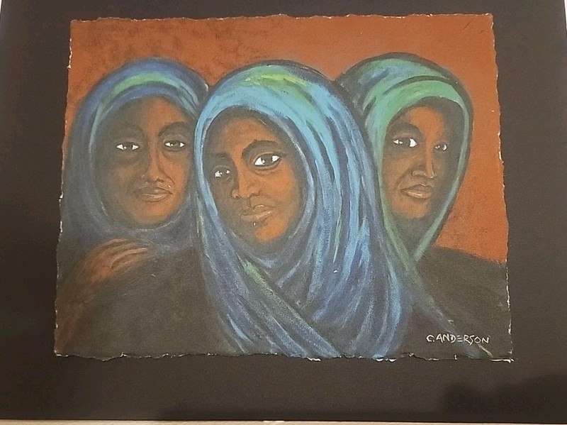 Print of Three Woman On Black Matte Signed C. Anderson Print Size 5 7/8 X 7 3/8"