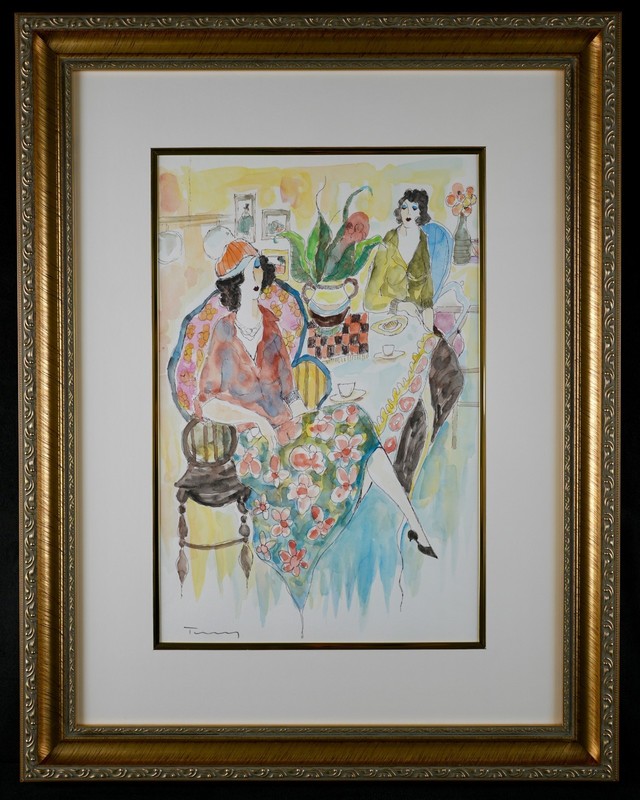 Vintage Framed Original Mixed Media Watercolor «Afternoon Tea» By Itzchak Tarkay