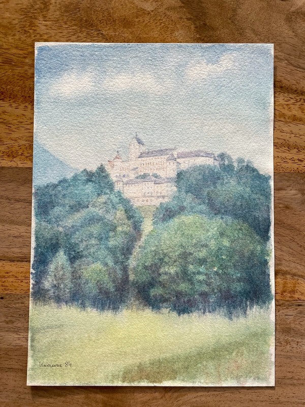 IMPRESSIONIST BLICK AUF EIN SCHLOSS BERGIGE LANSCHAFT SÜDDEUTSCHLAND ? AQUARELL gallery