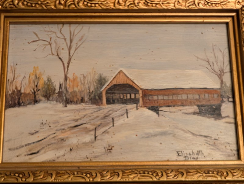 Elizabeth Bray Signed Framed Original Winter Landscape Bridge Painting, 7 in