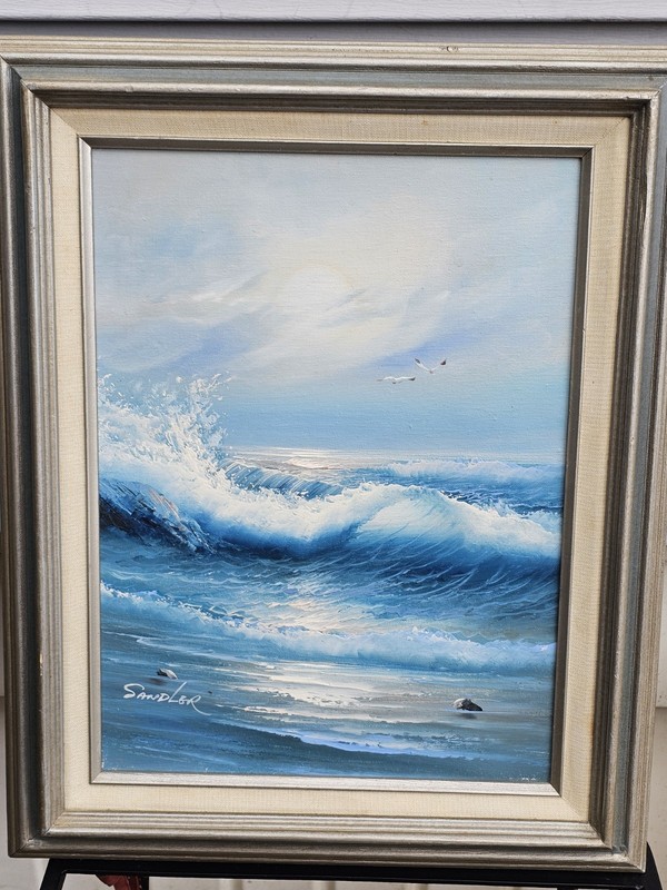 Original Sandler Signed Oil Painting Canvas Beach Ocean Waves Seagulls
