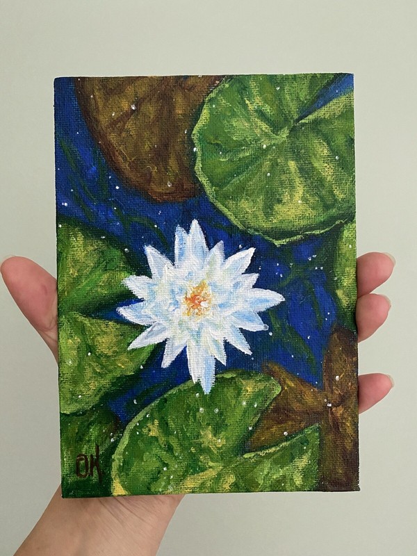 Water Lilies Acrylic Painting Original Pond Life Wall Art 5"x7" gallery