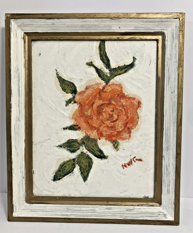 Vintage MCM 8×10″/10×12″ Layered Oil Painting ORANGE ROSE in Gold & White Frame