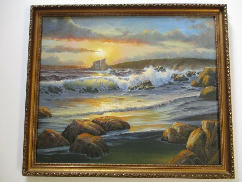 Coastal Sunset Beach Painting Landscape American Vintage Nautical Seascape Oil gallery