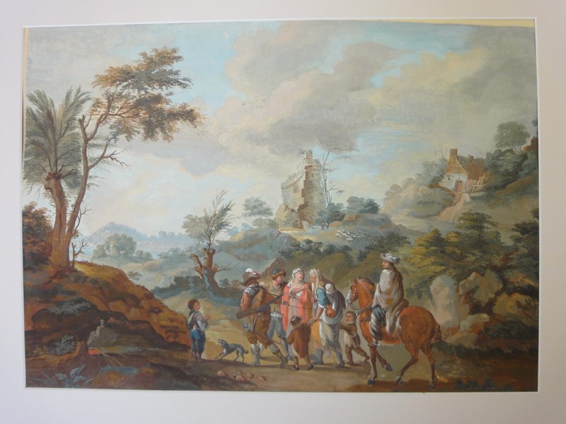 Antique gouache painting baroque landscape horse rider dated about 1750 gallery