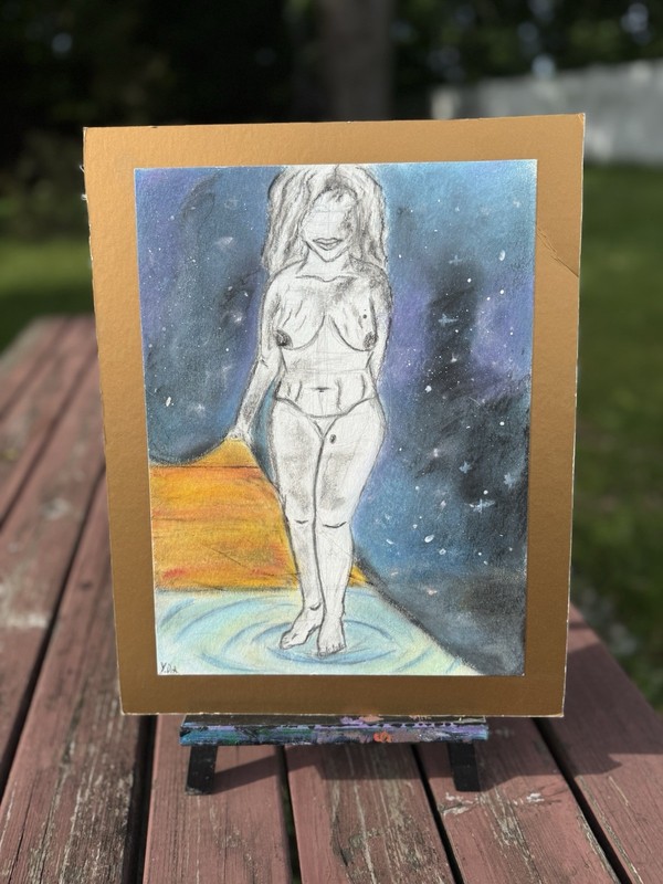 Chalk Pastel Figure Drawing Mounted On Gold Illustration Board