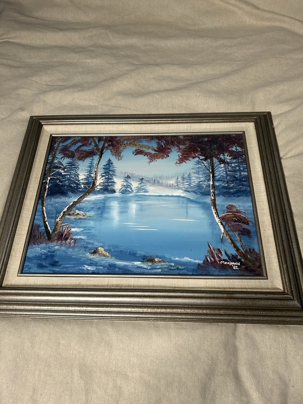 1982 Wintertime Night Sky Water Trees Landscape Oil Painting Maryann Artwork
