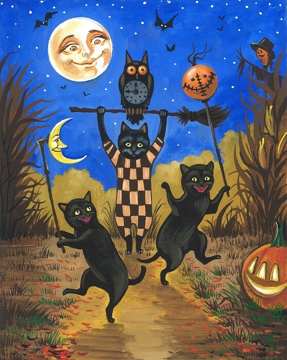 8×10 PRINT OF PAINTING HALLOWEEN BLACK CAT WITCH OWL CORN MAZE farm folk art 🎃
