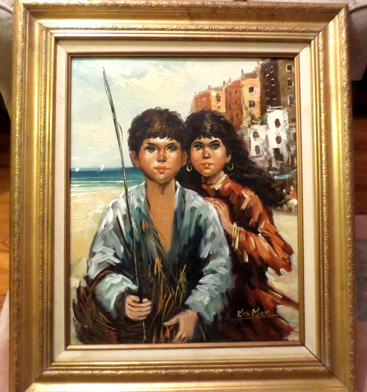Vintage Harbor Scene Fishing Children Signed Oil Painting Canvas 20″ x 16″In #12