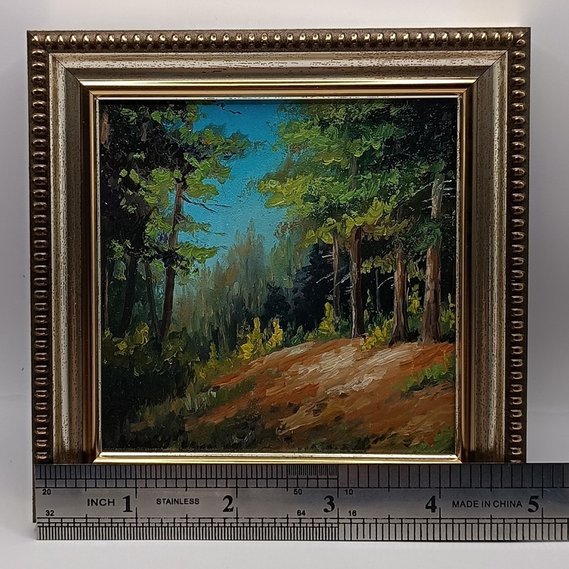 Original Miniature Oil Painting Forest Landscape Framed Impasto Pine Trees Art gallery