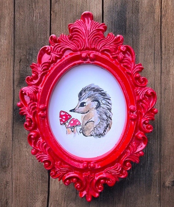 Hedgehog & mushrooms mini watercolor print in vintage style ornate frame