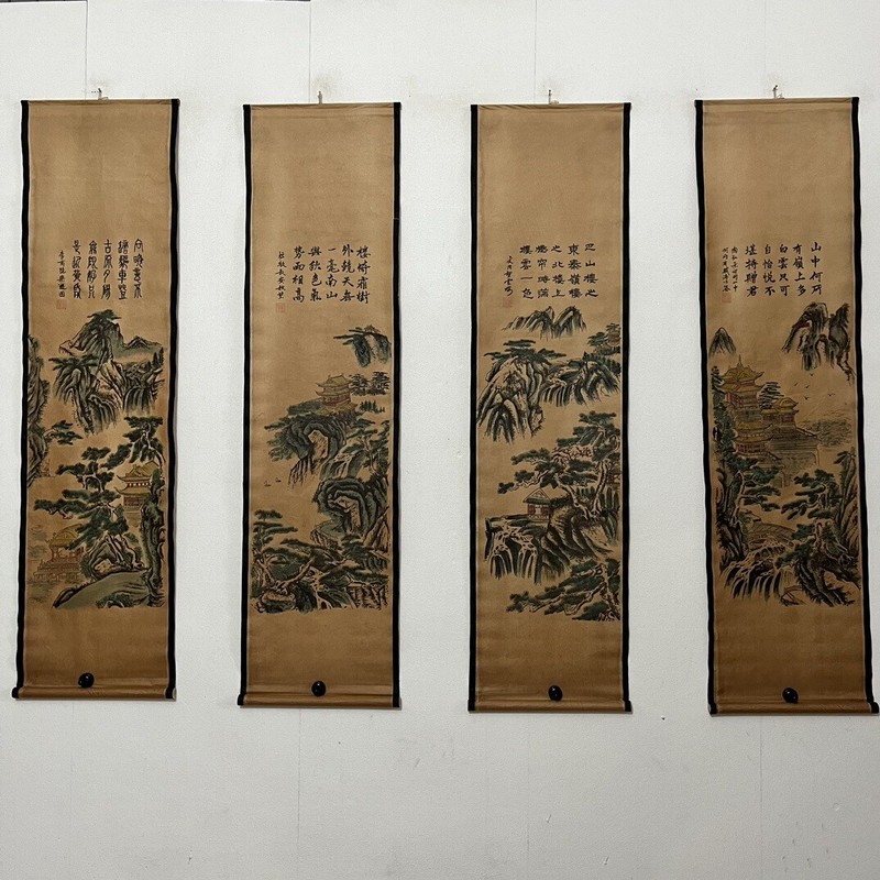 4 PCS landscape Ink painting Retro Collecting Artworks Wall Art Hanging Scrolls