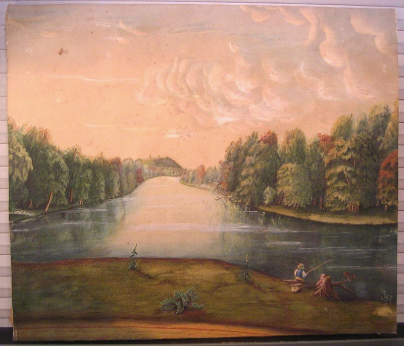 Antique 19th c Hudson River School Style Landscape Sunrise Pastel Painting