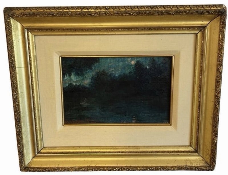 19 Century Oil Painting Moon Lit Nocturnal Scene Landscape Signed Ernest Knaufft