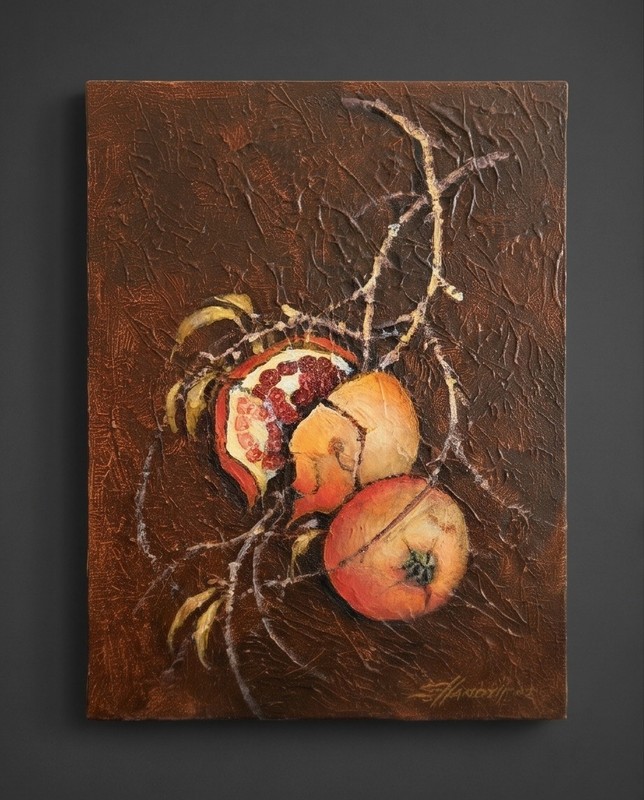 Textured painting, rustic still life of pomegranates hanging on branches.