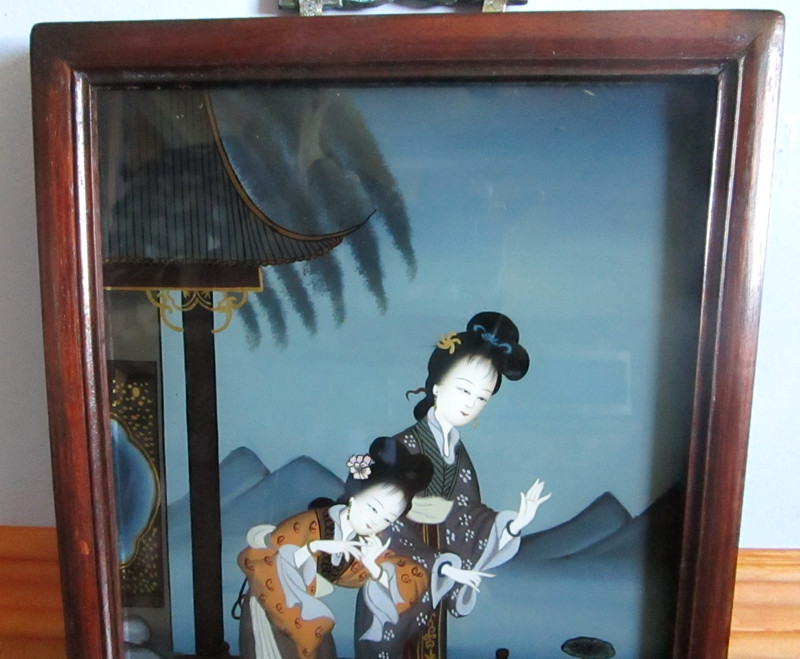 Vin. Oriental Reverse Painted Geisha's, Wood Panel Frame gallery
