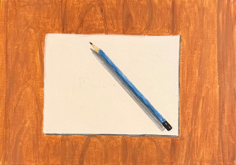 Original Painting 5X7 Acrylic on Canvasboard Pencil and Pad of Paper signed