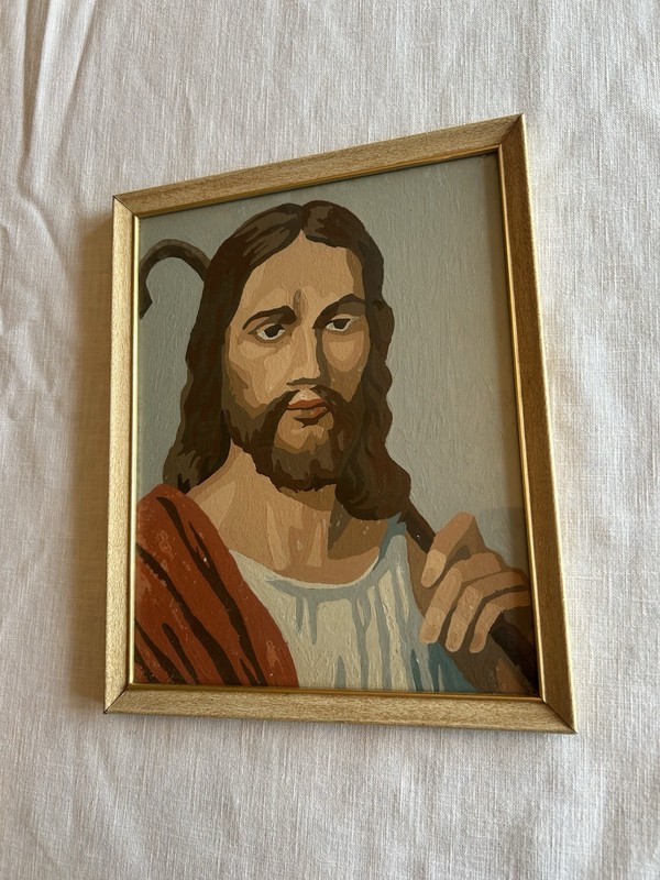 Vintage Paint by Number Jesus Portrait 8 x 10" Wood with Glass Framed