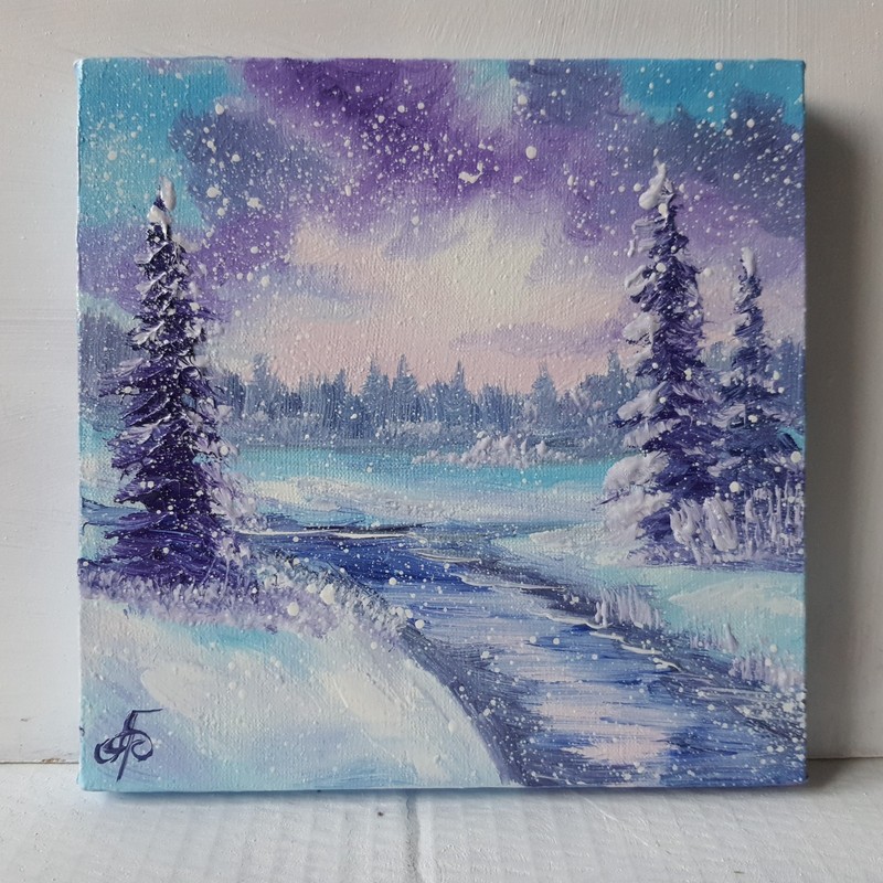 Original Winter River Landscape Oil Painting Snowfall Morning Blue Lavender Art gallery