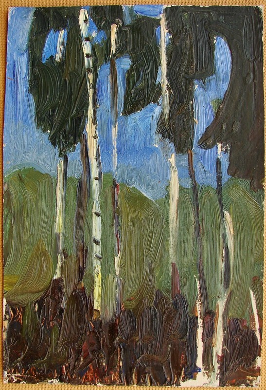 Ukrainian Soviet USSR oil Painting impressionism modernism landscape birch trees