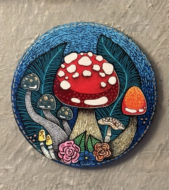 Original Painting Mushrooms, Signed – 11.5” Round – By Sara Jessup (SJessupArt)