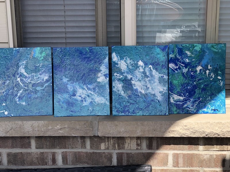 Handmade acrylic pour techniques flat canvas pictures, 8” x 10” each piece.
