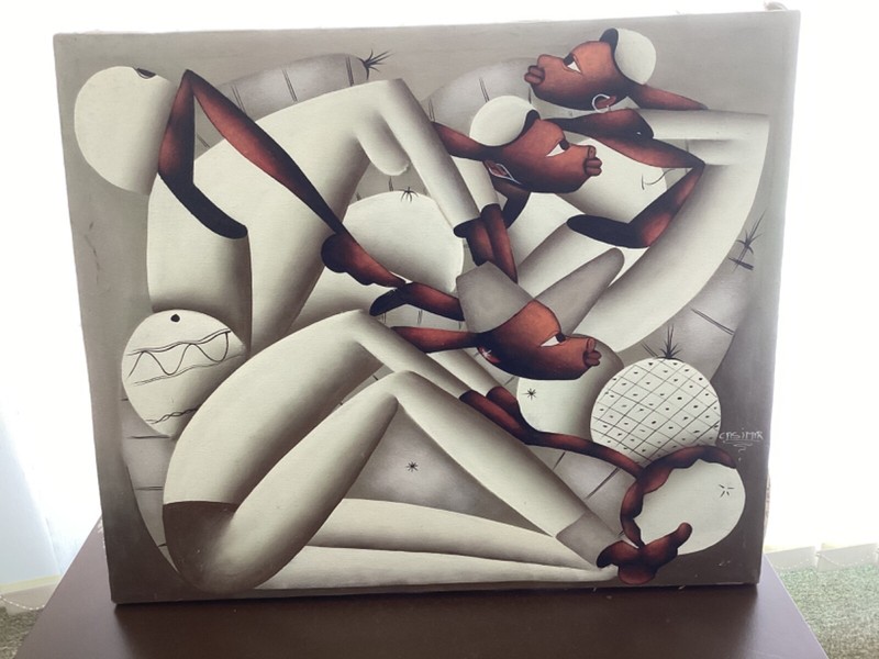 Vintage Oil Painting L. Casimir (1928-90) Cubist Milieu Study Haiti 61 x 50 cm Sig
