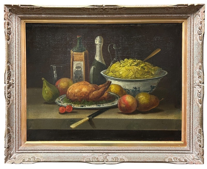 Original Antique Oil Canvas Painting Still Life with Fruit, Signed 19th Century