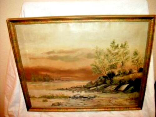 Victorian Landscape Oil Painting 1896 River Colorful Mottled Wood Frame Antique