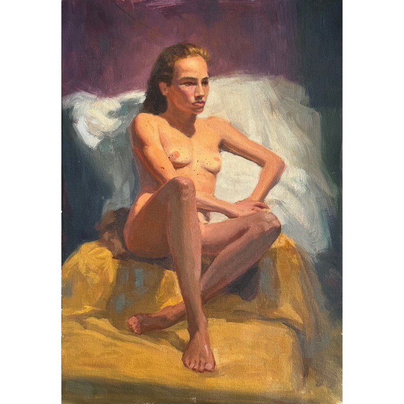 Vintage Realist Female Figurative Academic Study (ca. 1950, Oil on Canvas)/Degas
