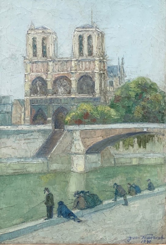 Vintage French Oil Painting Impressionist style Paris Notre-Dame Cathedral 1940 gallery