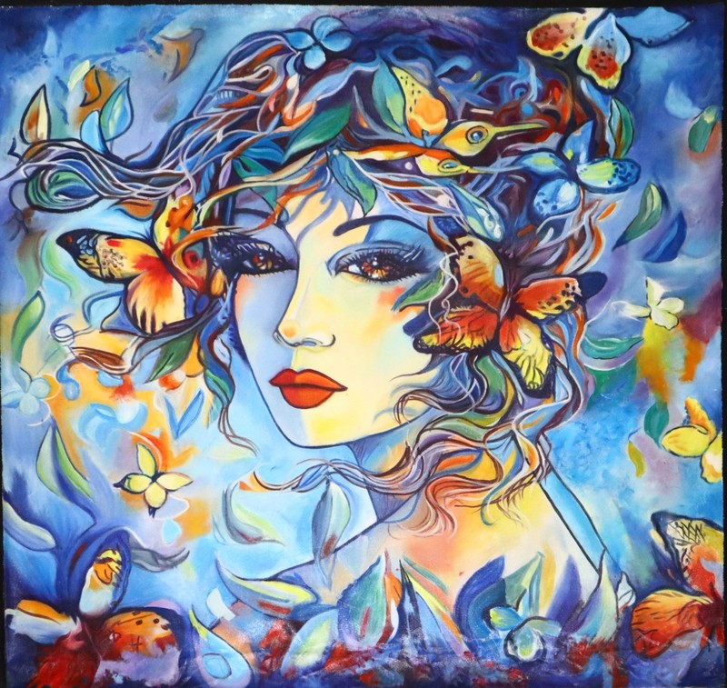 Original Oil Painting Woman Portrait Blue Tones Wall Art by Khursheed