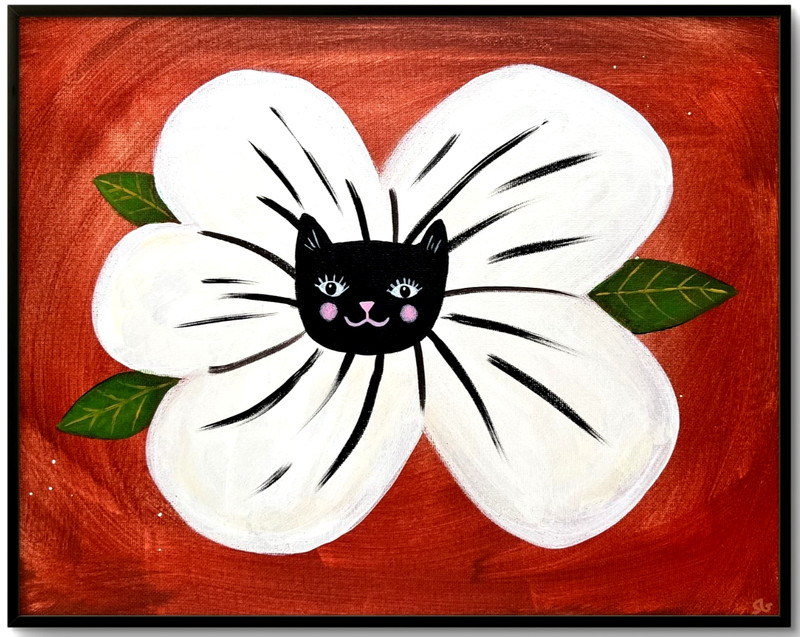Black Cat Flower Creature Painting, Whimsical Cat Art 11×14