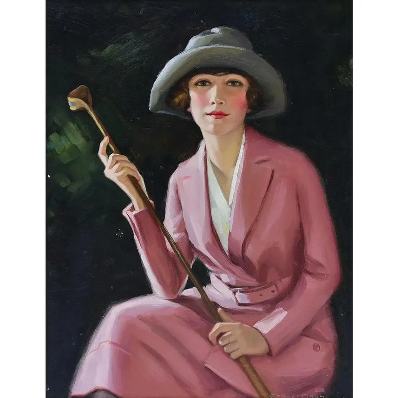 Edna Crompton (1882-1952), The Lady Golfer 21″x16″ oil on canvas VINATGE GOLF
