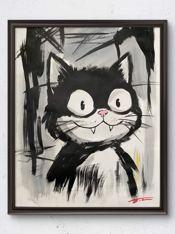 Black White Tuxedo Cat Abstract Expressionist Acrylic Original Art 14x11 Paper
