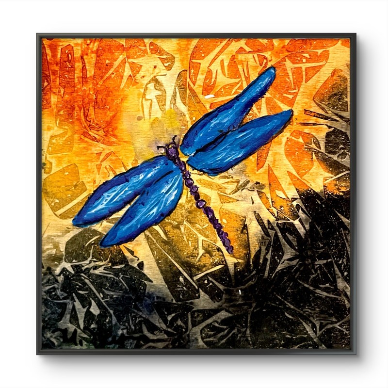 Mary Myers Original Blue Dragonfly 6×6 Acrylic Signed Expressionist on wood