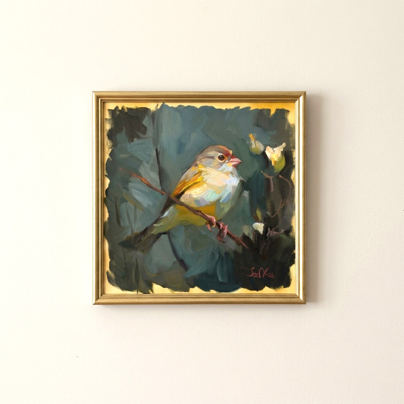 Original Oil Painting Songbird on Branch Wildlife Art 12×12 Canvasboard