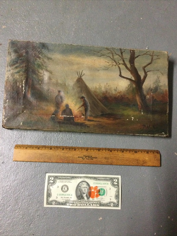 Vintage 1880’s Painting Cowboys Indians Teepee Western Scene 7”x13.5”