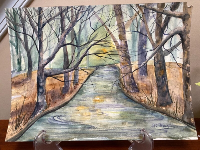 Signed Barbara Tracy Watercolor Country Road, Bucks County PA artist