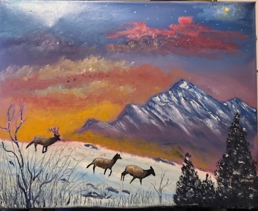16 x 20 Oil painting on canvas of Elk moving at sunrise