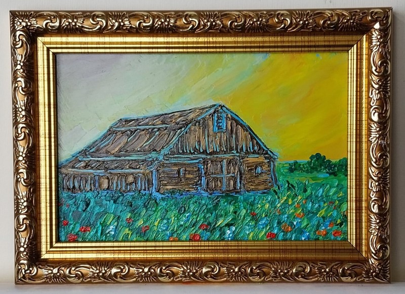 Framed Old Barn Countryside Art Sunset Rural Landscape 4×6 Oil Painting Original