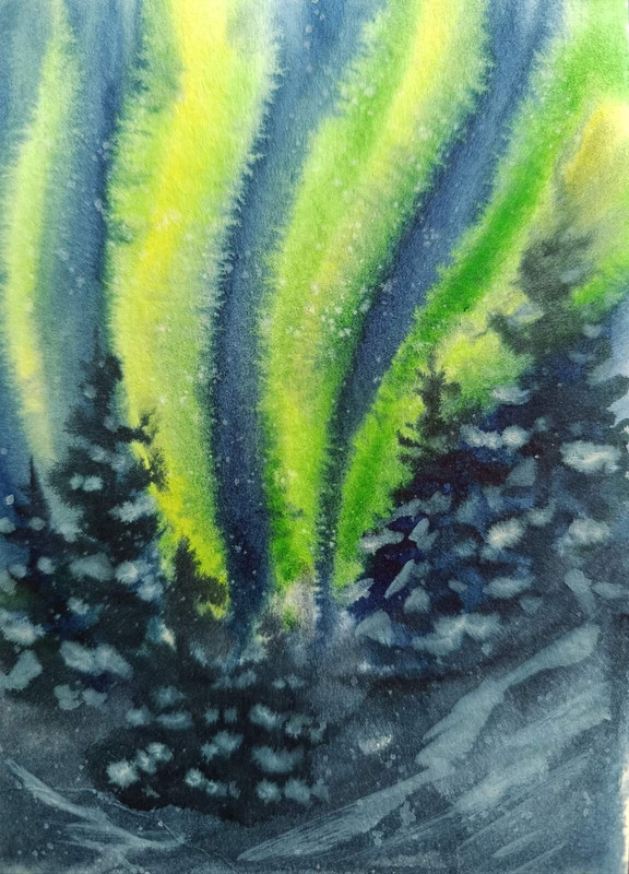NORTHERN LIGHT Mountains Forest Original Artwork Painting Landscape Art Relax A6