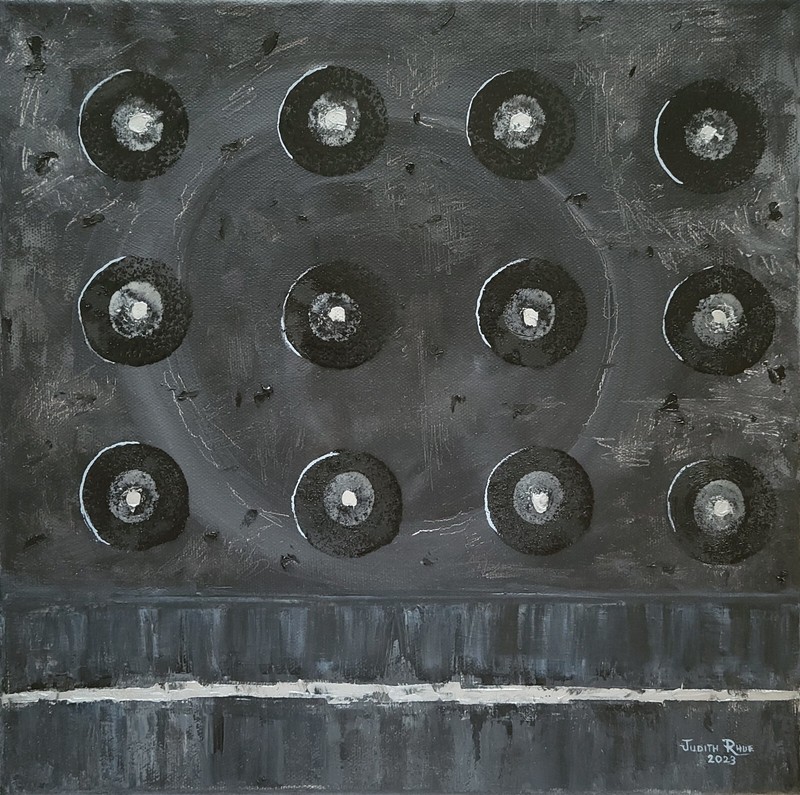 abstract oil painting circles round polka dots black dark unique industrial art