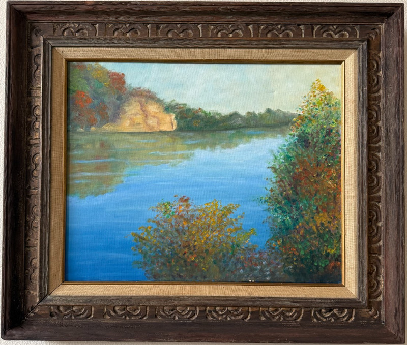 Original Impressionist Landscape Painting on Canvas Framed River Lake Trees Art