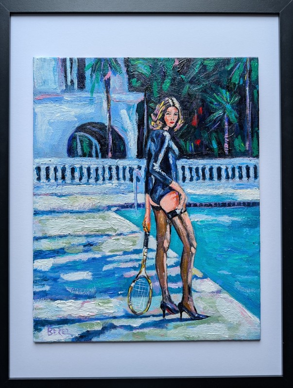 Original Acrylic Painting Tennis by the Pool Signed Framed Contemporary Art