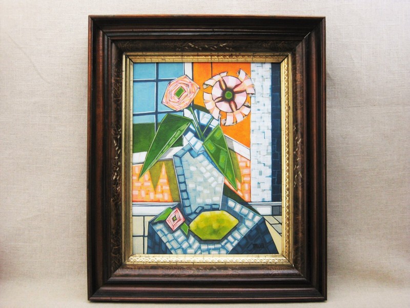 Original Pink Floral Still Life Painting Flower Wall Art Framed Original